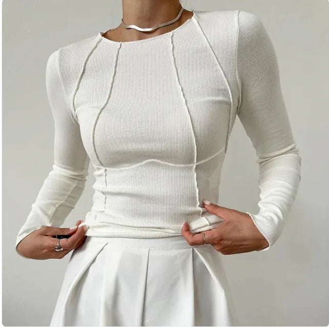 Slim Long Sleeve Solid Color Split Thread Knitted Top