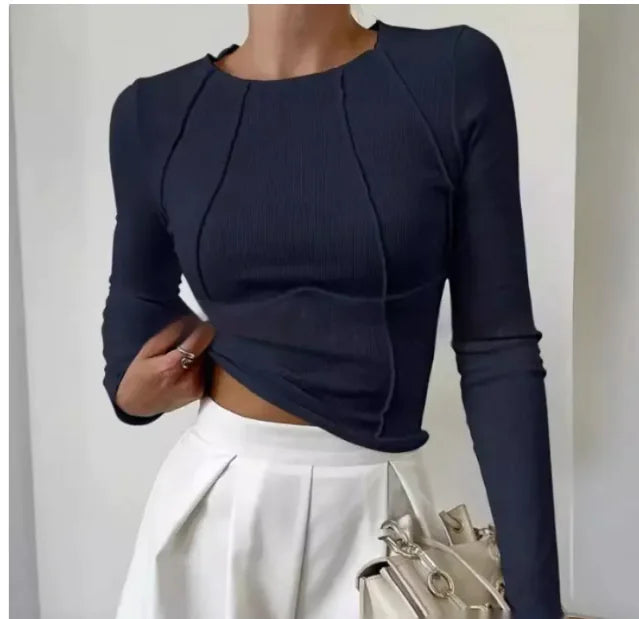 Slim Long Sleeve Solid Color Split Thread Knitted Top