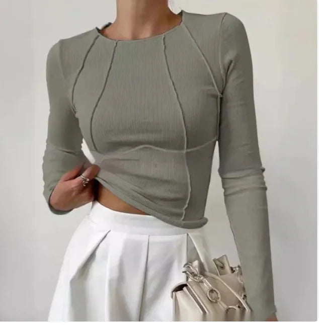 Slim Long Sleeve Solid Color Split Thread Knitted Top