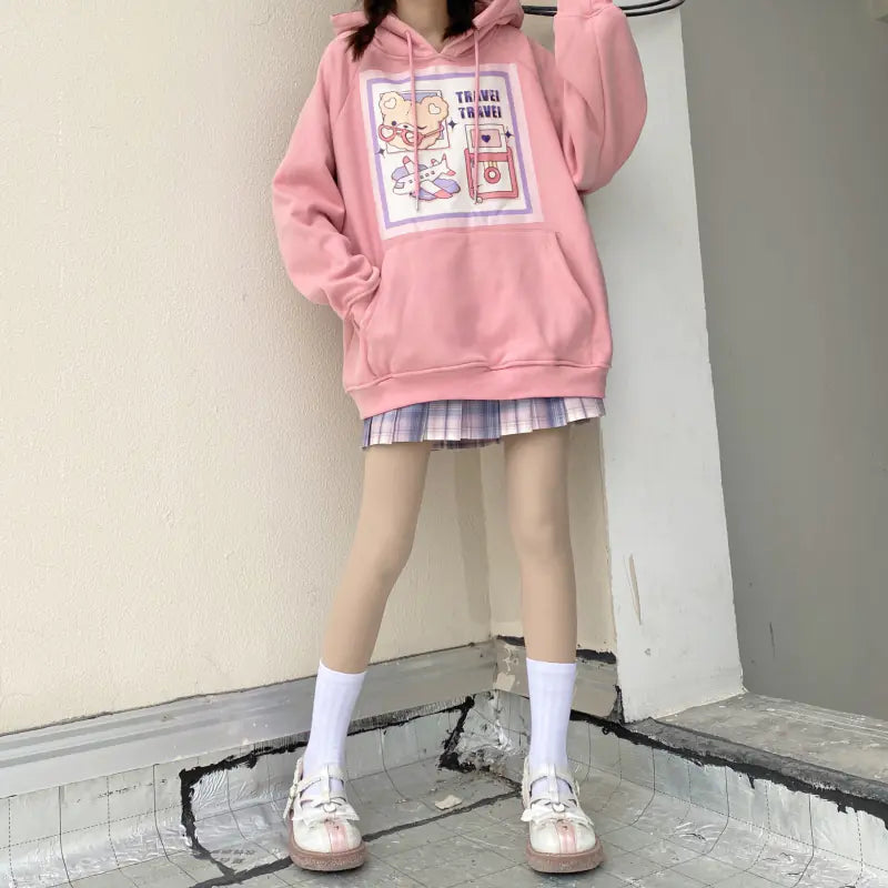 Cartoon Print Velvet Hoodie