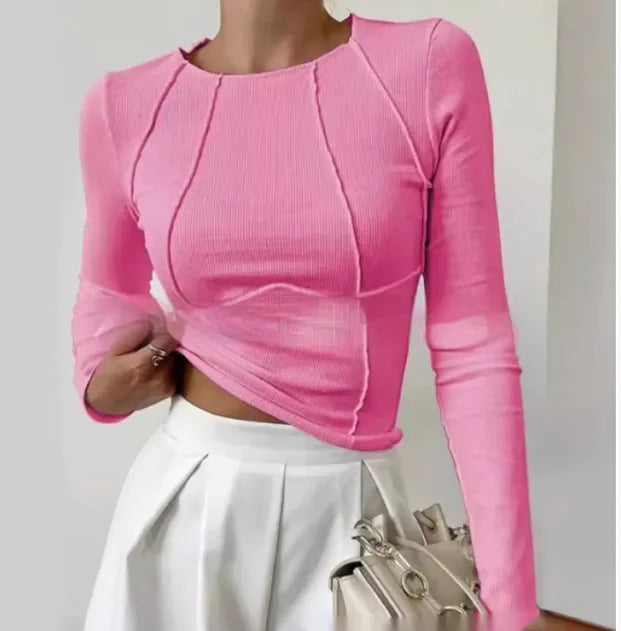 Slim Long Sleeve Solid Color Split Thread Knitted Top