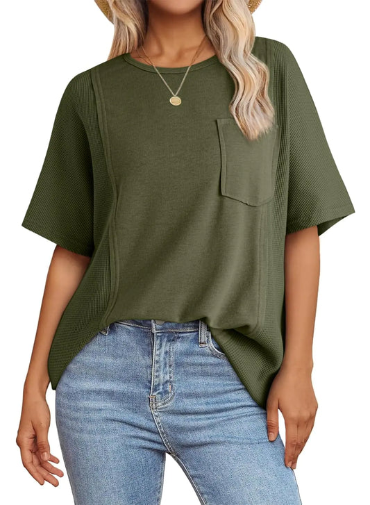 Casual Short Sleeve Waffle Knit Top