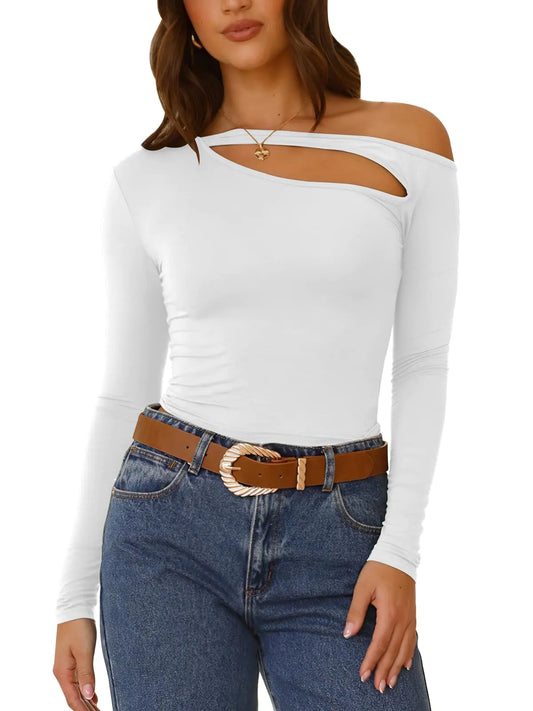 Long Sleeve Cutout Top White