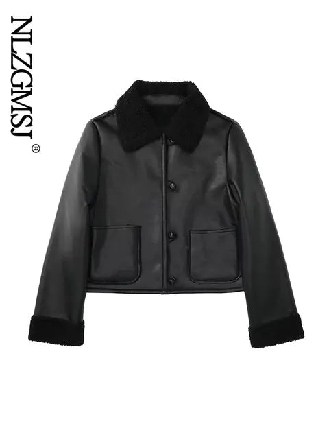 Slim Women's Street Leather Jacket Fur Cuffs