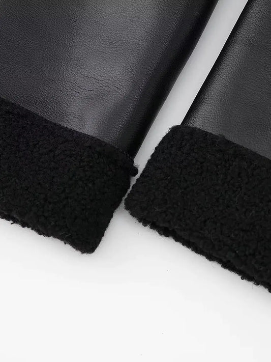 Slim Women's Street Leather Jacket Fur Cuffs