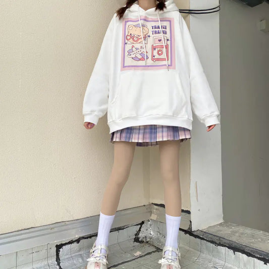 Cartoon Print Velvet Hoodie